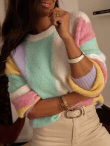 Women's Pastel Striped Knit Sweater, Patchwork Crew Neck Pullover, Loose Fit, Soft And Fluffy, Comfortable And Warm, Suitable For Casual Daily Wear In Autumn And Winter - Multicolor - View 5