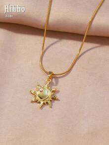 Hihho 1 pièce Collier bohème vintage Soleil & Lune avec étoile en zircone étincelante, accessoire polyvalent pour les femmes - Soleil - Voir 4