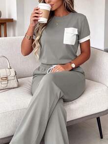 Women's Spring/Summer New Round Neck Short Sleeve T-Shirt And Casual Daily Elastic Waist Loose Long Pants 2-Piece Set, Fashionable Contrast Color Pocket Casual Home Sports Leisure Outfit - Grey - View 3