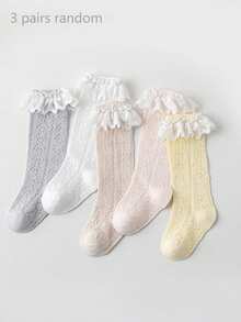 3 Pairs Random Girls Lace Ruffle Mid-Calf Socks, Elegant Back-To-School Versatile Hollow Mesh Slouch Socks - Multicolor - View 13