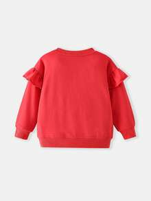 Girls Round Neck Long Sleeve Sweatshirt With Small Flutter Sleeves, Ruffle Hem, Mermaid, Flamingo, Ice Cream Multi-Element Embroidery, Loose Sweet Casual Pullover Sweatshirt For Toddlers And Young Children - Red - View 3