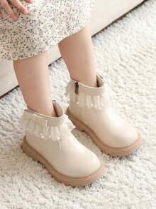 1 Pair 2026 New Girls' Mesh Pearl Ankle Boots, Bow Side Zipper Thick Sole Design, Sweet Fairy Princess Style, Suitable For Autumn/Winter Outings And Skirt Outfits - White - View 3