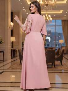 SHEIN Lady CURVE Elegant Plus A Line Bridesmaid Formal Dress V Neck Floral Patchwork Ruffle Belted Long Evening Gown Autumn Gym Fall Formal Wedding Dusty Pink - Pink - View 2