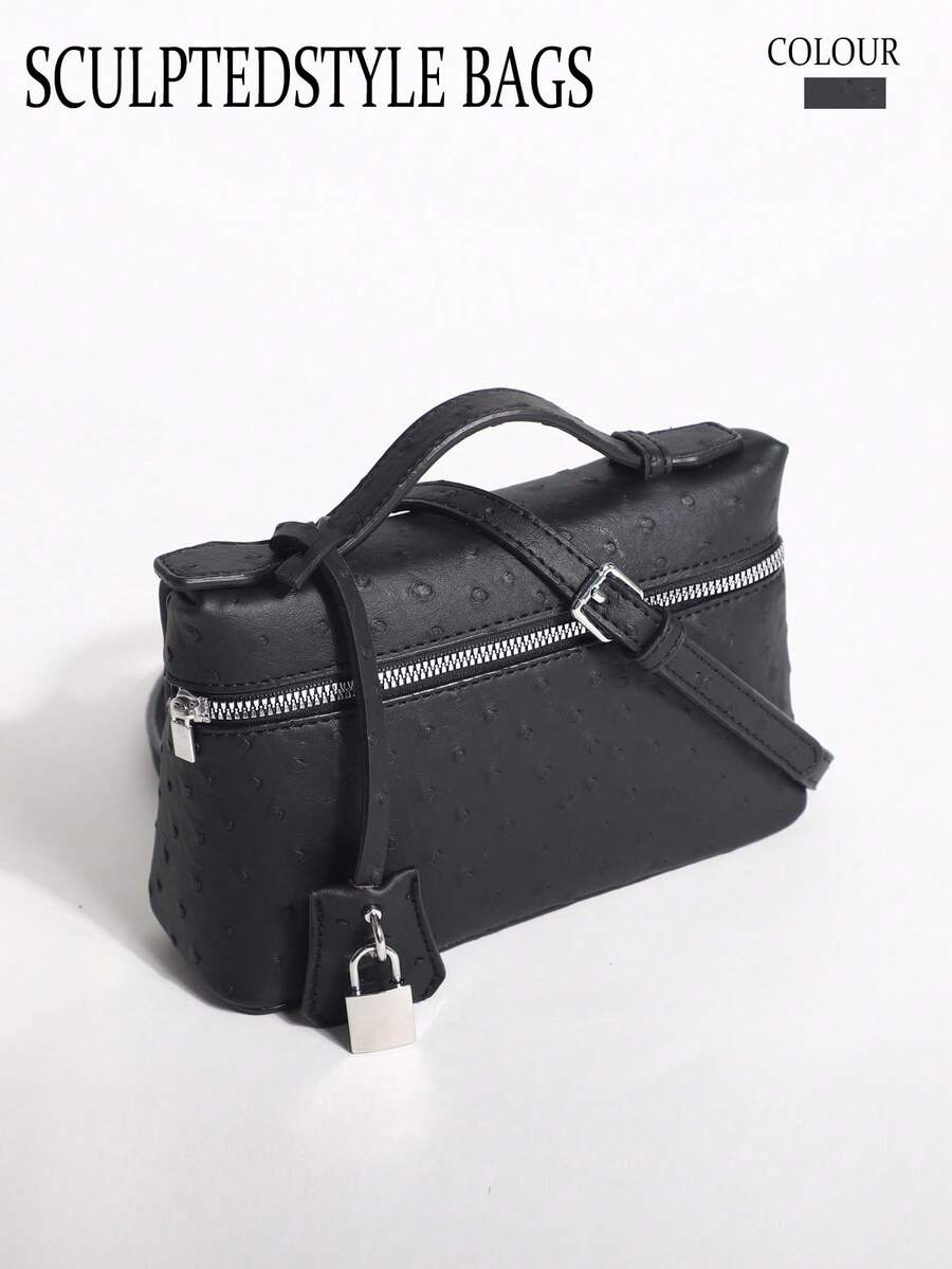 Premium Women's Black PU Embossed Polka Dot Small Handbag, Versatile Crossbody Bag, Fashionable Minimalist Elegant Metal Lock Decor, Commute & Shopping Bag