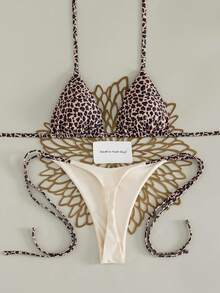 2 pezzi/Set Nuovo Bikini Triangolo Primavera/Estate con Stampa Leopardata Multicolore + Slip Tanga Tinta Unita, Costume da Bagno Sexy Schiena Scoperta con Fiocco per Appuntamenti Serali, Vacanze, Estate - Multicolore - Visualizzare 1