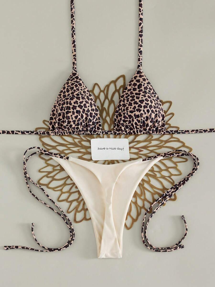 2 pezzi/Set Nuovo Bikini Triangolo Primavera/Estate con Stampa Leopardata Multicolore + Slip Tanga Tinta Unita, Costume da Bagno Sexy Schiena Scoperta con Fiocco per Appuntamenti Serali, Vacanze, Estate - Multicolore - Visualizzare 1