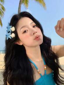 2件組可愛黃色海星花朵女用髮夾，高級質感，適合鬆散髮與捲髮，海灘度假風拍照氛圍髮飾，適用日常使用、假日聚會、活動與派對，女孩髮飾禮物 - 藍色 - 查看 5
