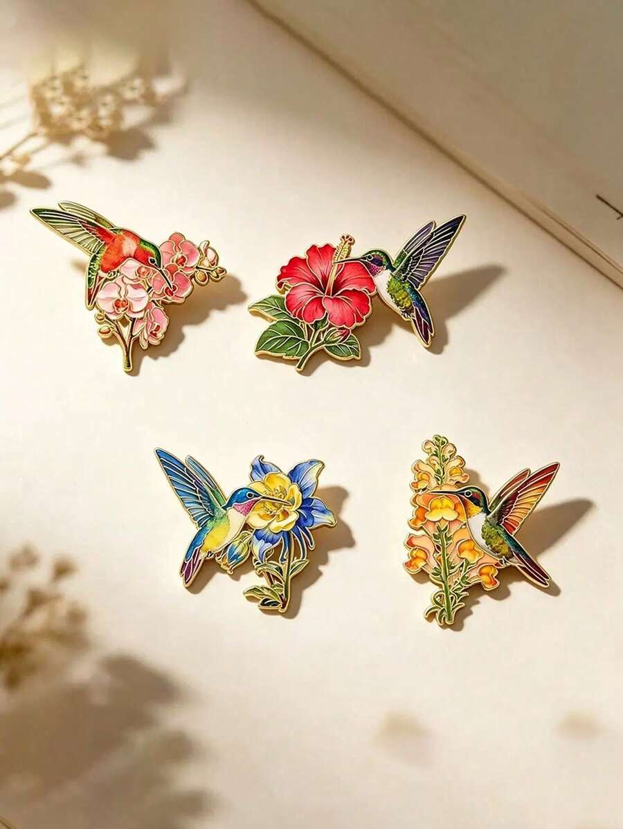 1/4件裝彩色蜂鳥琺瑯胸針徽章,時尚裝飾翻領包包胸針,鋅合金珠寶禮物 - 多色2 - 查看 1