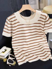 Blusa de punto de manga corta con cuello redondo, a rayas y contraste de color, informal, para talla grande, para verano - Marrón albaricoque - Ver 1
