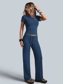 NcmRyu Conjunto deportivo de mujer de un solo color con cuello redondo, manga corta, cordón y pantalones de pierna recta - Azul Marino - Ver 6