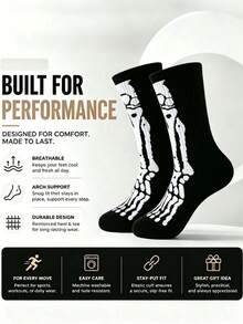 1/5 Pairs Unisex Skull And Spider Pattern Mid-Calf Socks, Comfortable Creative Casual Socks, Suitable For Daily Wear, Halloween, Party, Autumn - Black and White - View 2