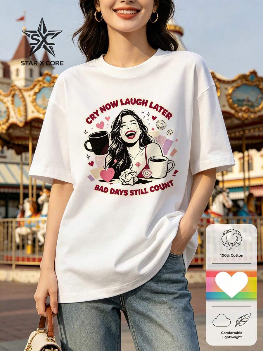 New Summer Stylish Graphic Cotton T-Shirt, Versatile Casual Fashionable Tee - 白色 - 查看 1