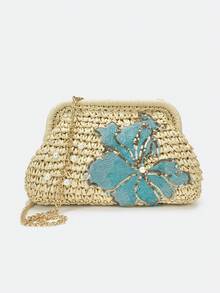 Dedoo 花卉刺繡編織草編手拿包，珍珠裝飾金屬鏈條復古夏季女款斜挎包，適合海灘派對度假 - 米色 - 查看 5