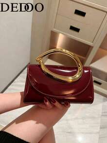 Dedoo 1件時尚金屬裝飾迷你手拿包，優雅亮面金屬條紋設計，奢華風格女款，適合晚宴、婚禮、舞會 - 酒紅色 - 查看 4