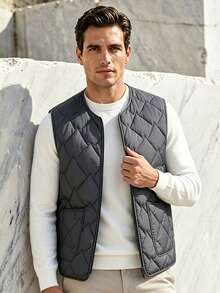 1pc Men's Thick Quilted Diamond Pattern Sleeveless Vest, V-Neck Zipper Closure, With Patch Pockets, Casual Layering Vest For Daily Wear And Camping - Royal Blue - View 2