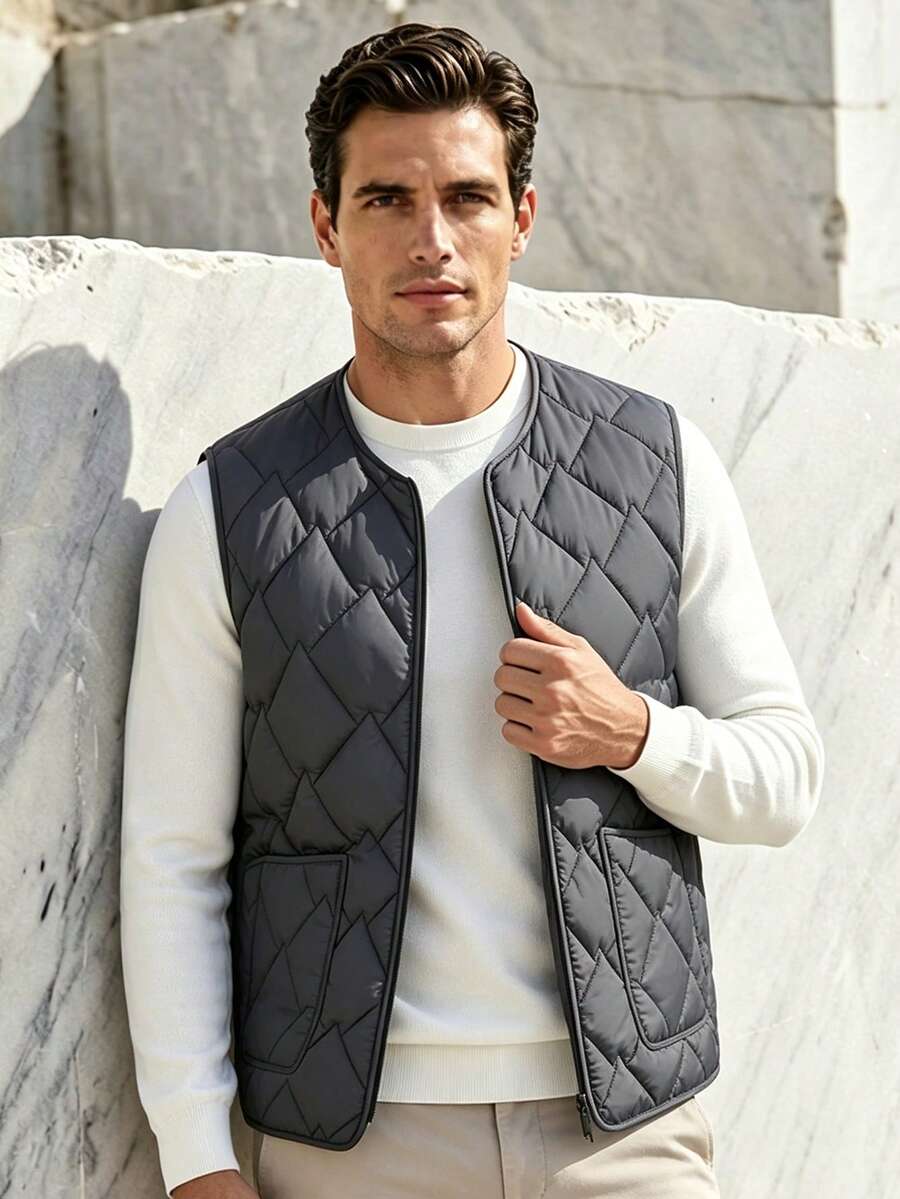 1pc Men's Thick Quilted Diamond Pattern Sleeveless Vest, V-Neck Zipper Closure, With Patch Pockets, Casual Layering Vest For Daily Wear And Camping - Royal Blue - View 1