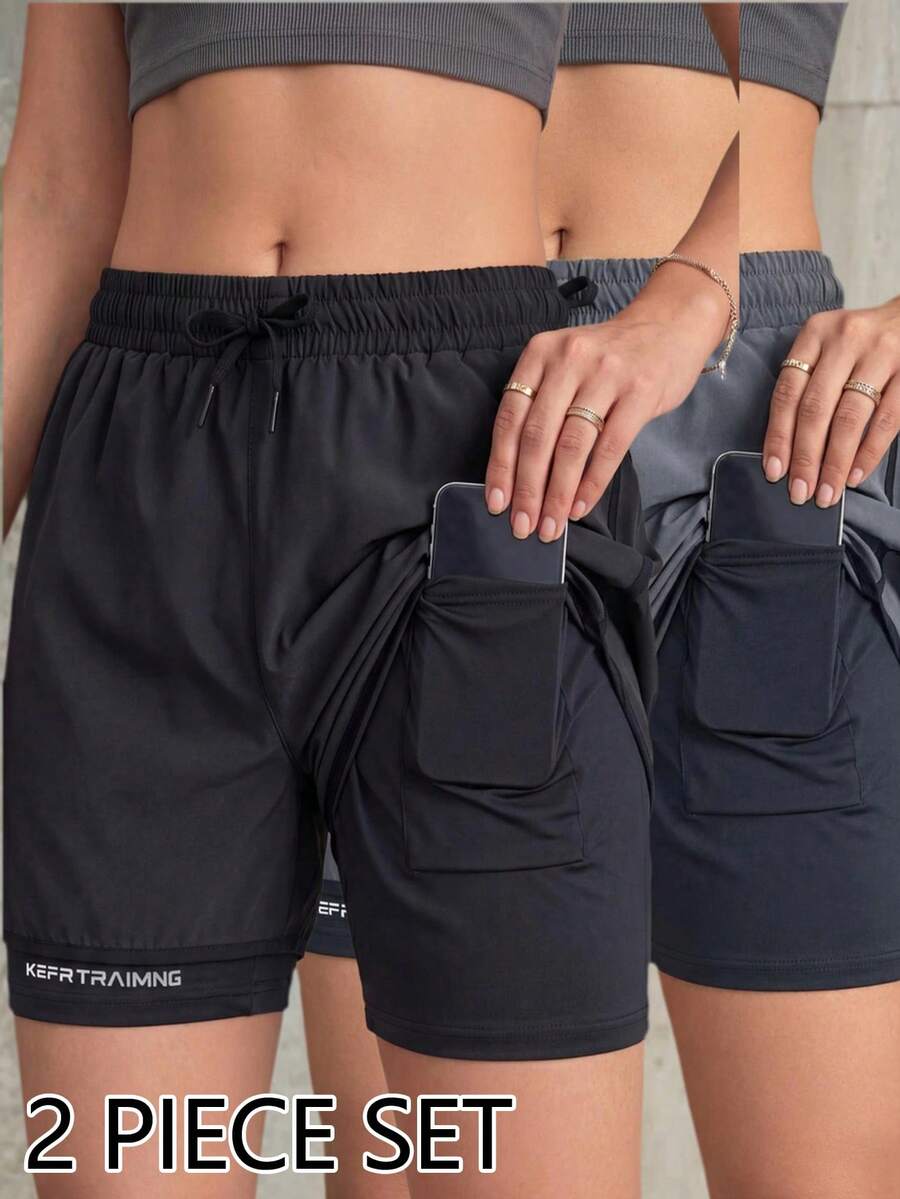 Knot & Curve 2PCS 2 In 1 Women's Sports Shorts, Solid Color Liner Shorts, 2 In 1 Athletic Pants, Elastic Two Pieces Set, Summer Pants Suitable For Running, Sports, Yoga, Fitness, Workout - Multicolor - View 1