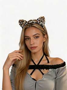 1pc Women's Vintage Leopard Print Cat Ear Headband, Sweet & Cool Style 3D Ear Headband, Fashionable Versatile Hair Accessory, Suitable For Festivals, Home Face Washing, Makeup, Hair Styling, Daily Wear, Easter Costume Prop, Halloween Headband, Christmas, Valentine's Day Party Outfit, Valentine's Day Gift For Girls - One Size Fits All - View 2