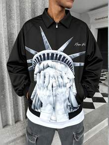 MAISONFOX Men's Street Style Statue Of Liberty Print Casual Zip-Up Jacket, Portrait All-Over Print, Spring/Autumn Outerwear, Long Sleeve, Suitable For Daily Wear - 黑色 - 查看 1