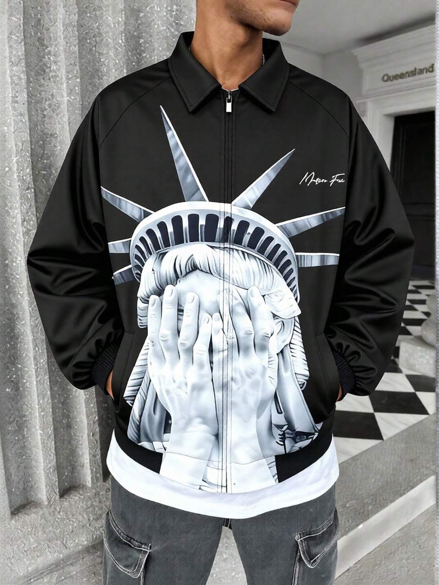 MAISONFOX Men's Street Style Statue Of Liberty Print Casual Zip-Up Jacket, Portrait All-Over Print, Spring/Autumn Outerwear, Long Sleeve, Suitable For Daily Wear - 黑色 - 查看 1