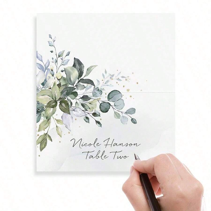 100/50pcs Elegant Watercolor Olive Leaf Wedding Place Cards, Foldable Blank Name Cards With Crease, Green Botanical Style Welcome And Seating Cards, Suitable For Ceremony, Reception, Bridal Shower, Baptism, Party And Thanksgiving Table Decor - Multi-color - View 1