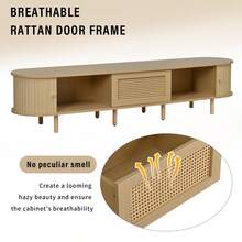 Modern Low-Profile TV Unit With Round Design And Roll-Up Shutter Door, Made Of MDF, With Drawer, Suitable For TVs Up To 75 Inches, For Living Rooms And Dining Rooms, 180x40x40cm, Wood Color. - 1 - View 8