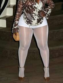 1 Pair Plus Size White Shiny High Stretch Tights Sexy Fashionable Cute Style For Daily Spring Fall Halloween Commute - Multicolor - View 6