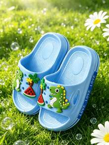 HAHABOBO New Kids Light Blue Cartoon Dino Fruit Decor Slides, Lightweight Summer Outdoor Beach Slippers - Baby Blue - View 2