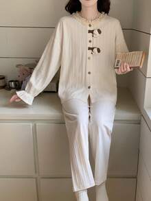 2pcs/Set Women's Pajamas Loungewear Set, Cute Puppy Pendant Solid Color Cardigan Round Neck Long Sleeve Pants, Easy Care Fabric - Champagne - View 4
