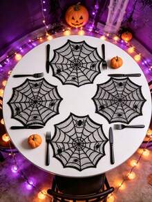 2pcs Black Lace Spider Web Placemats, Halloween Party Table Decor, Happy Halloween Decoration, Ghost Festival Decor, Table Centerpiece, Spooky Tableware, Spider Web Pattern Decor, Home Kitchen Dining Room Decoration - Black - View 5