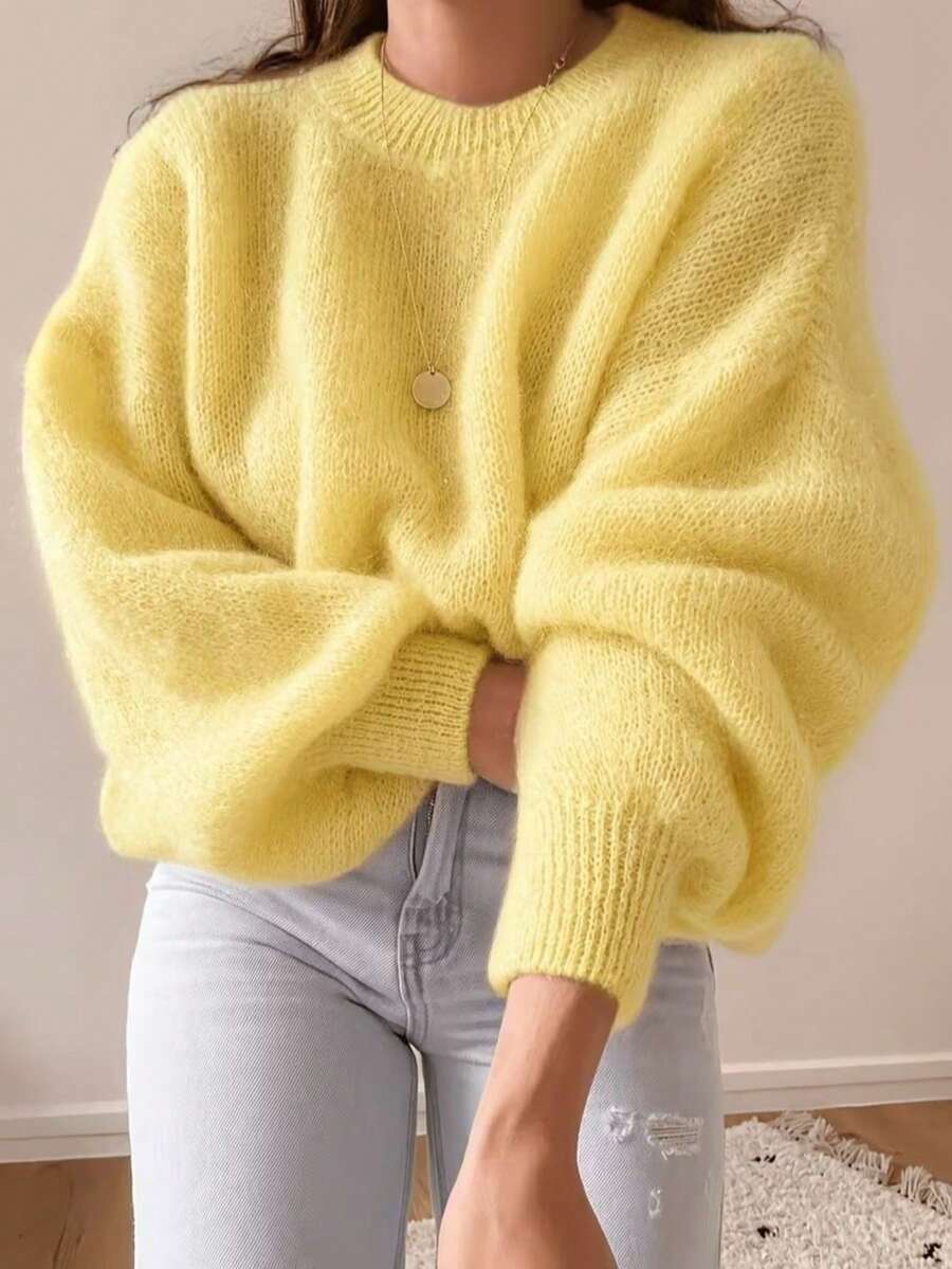 Women's Long Sleeve Sweater, Fashion Casual Elegant Solid Color Loose Pullover Round Neck Knit Top, Base Layer Knitwear Fall - Yellow - View 1