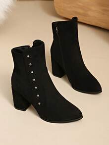 Women's Side Zipper Chunky Heel Chelsea Boots, Fashion Studs Decor, Comfortable Chunky Heel Height-Increasing Slimming Ankle Boots - Brown - View 3