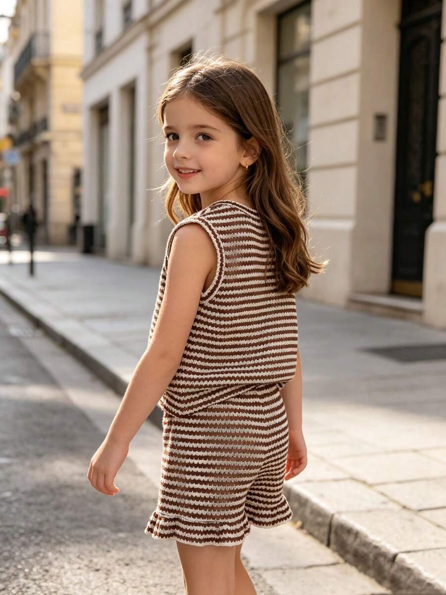 Conjunto de 2 piezas de camiseta de tirantes a rayas y pantalones cortos para niñas - Café integral - Ver 1