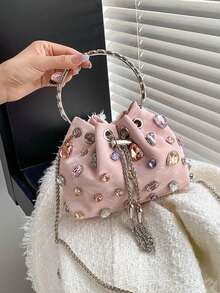 Túi đeo chéo cầm tay dáng xô cho nữ, viền đá rhinestone, tay cầm tròn, thiết kế dây rút tua rua, túi xách phong cách tiên nữ ngọt ngào, phù hợp cho đám cưới mùa xuân, tiệc cô dâu, hẹn hò, váy dạ hội trang trọng, đám cưới, tiệc sinh nhật và lễ tốt nghiệp - Hồng - Xem 4