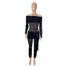 Mono popular para mujer, diseño sensual con combinación de encaje, manga larga, cuello barco y efecto transparente - Negro - Ver 6