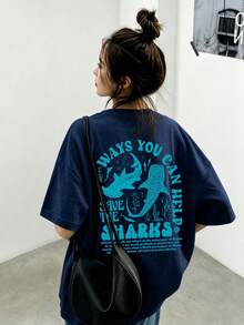 女士休闲圆领字母和航海印花短袖T恤，适合春夏穿着 - 深藍 - 查看 4