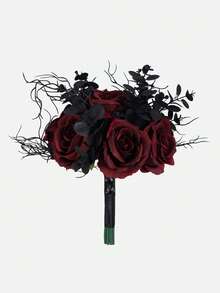 13 Inch Gothic Black&Burgundy Artificial Wedding Bouquet For Bride Bridesmaid, Floral Bouquet With Ribbon Ceremony,Anniversary,Home Decor - Multicolor - View 2