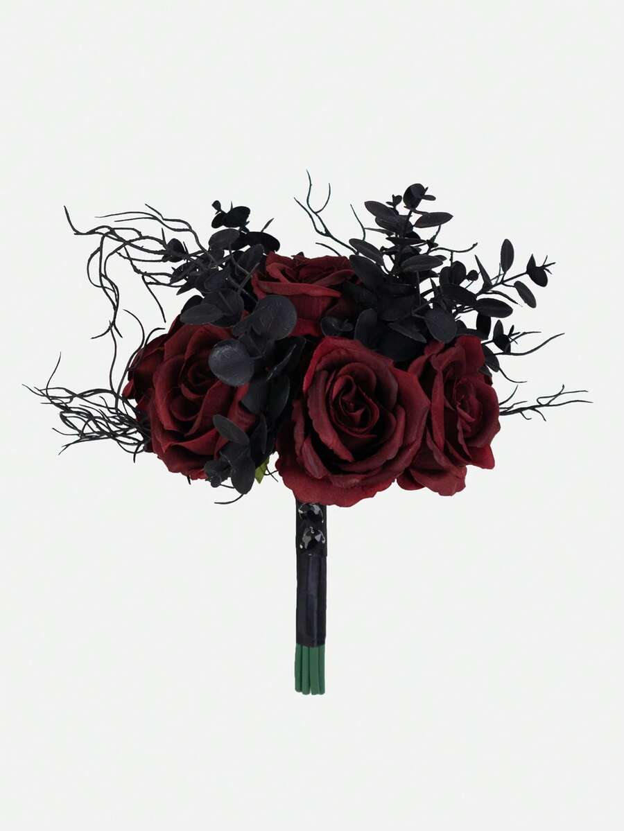 13 Inch Gothic Black&Burgundy Artificial Wedding Bouquet For Bride Bridesmaid, Floral Bouquet With Ribbon Ceremony,Anniversary,Home Decor