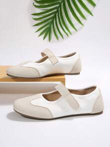 Women's Autumn New Colorblock Patchwork Mary Jane Hook & Loop Design Soft Flat Round Toe Low Vamp Ballet Shoes, Daily Commute Gentle Style Anti-Slip - Beige - View 3