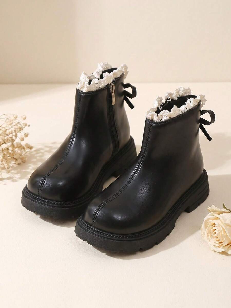 1 Pair 2026 New Girls' Lace Trim Ankle Boots, Soft Leather Thick Sole Anti-Slip Boot Design, Sweet Princess Gentle Style, Suitable For Autumn/Winter Daily Wear And Matching With Dresses - Black - View 1