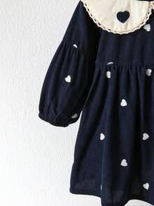 Baby Girl Heart-Shaped Embroidered Casual Lace Patchwork Dress - Navy Blue - View 6