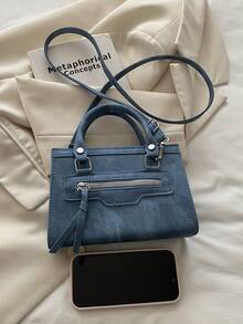Mini New Fashion Zipper Decor Handbag, Suitable For Parties, Gatherings, Outings, Vacations, Shopping And Daily Use, Can Store Coins, Phones, Also Can Be Used As Work Bag For White-Collar, College Students And Office Workers, Elegant Women's Bag - Blue - View 5