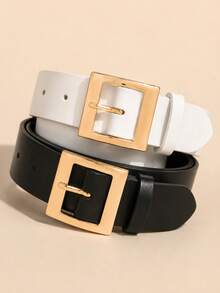 Women Classic Belt Gold Buckle Chic Pebbled Textured PU Leather Look Waist Belt For For Jeans Pants Dress Blazer Outfit - Black+White - View 2