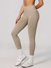 KyrLssu Women High Waist Seamless Ribbed Waistband Leggings, Solid Tummy Control Stretch Yoga Fitness Ankle Pants - Khaki - View 4