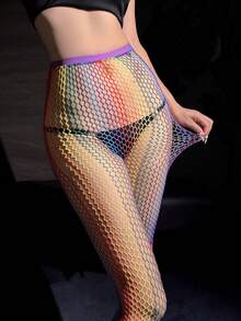 1 Pair Women 2 Styles Rainbow Gradient Fishnet Tights, Y2K Colorful Sheer Mesh High Waist Pantyhose Sexy Stretch Stockings For Club Party Night Out - Multicolor - View 8