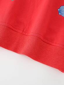 Girls Round Neck Long Sleeve Sweatshirt With Small Flutter Sleeves, Ruffle Hem, Mermaid, Flamingo, Ice Cream Multi-Element Embroidery, Loose Sweet Casual Pullover Sweatshirt For Toddlers And Young Children - Red - View 8