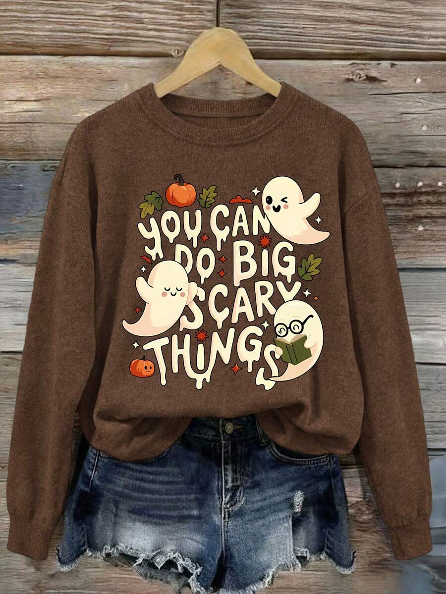 This Women's Vintage Distressed Wool Sweater Is Perfect For Mischief. The Cute Ghost And Pumpkin Print Is Ideal For Autumn And Winter Wear.