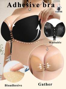 1/2pcs Plus Size Invisible Sticky Push Up Bra. Wire-Free, Strapless, Backless Deep V. Drawstring Lift & Cleavage Enhancer. Breathable For Daily Wear. - Multicolor - View 2