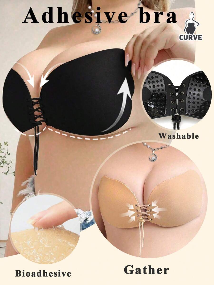 1/2pcs Plus Size Invisible Sticky Push Up Bra. Wire-Free, Strapless, Backless Deep V. Drawstring Lift & Cleavage Enhancer. Breathable For Daily Wear.