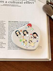 1 Piece Of Yuy Cartoon Girl Cute Leather Small PU Folding Makeup Mirror, Ins Style Cartoon Bow Print Handheld Mini Mirror Suitable For Storage Of Travel Makeup, A Gift For Family And Friends - Multicolor - View 6